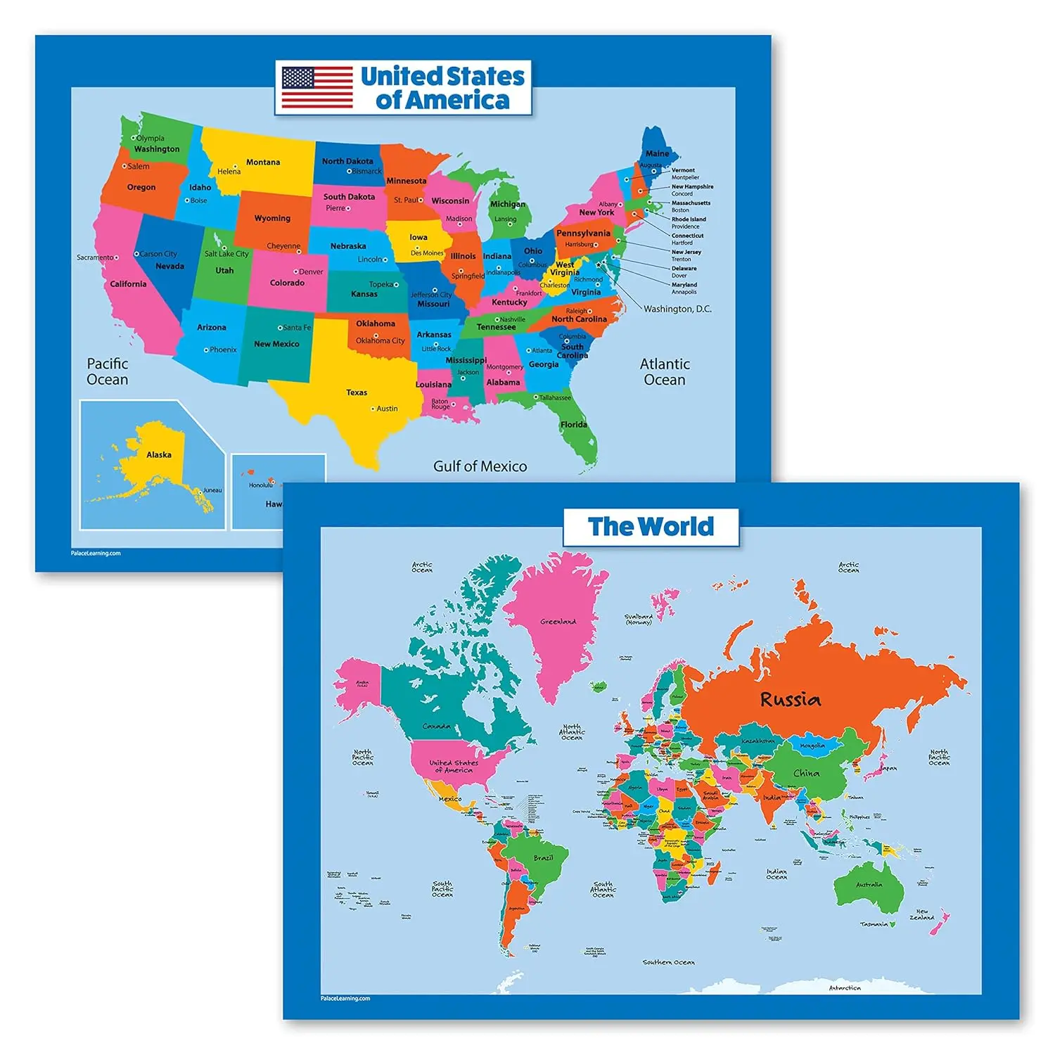 World Map and  Map for  - 2 Poster Set - LAMINATED - Wall Chart Poster of the  and the World (18 x 24)