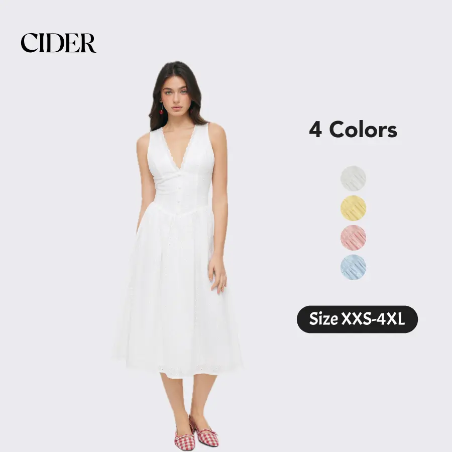 Cider Cotton-blend Sculptural V-neck Broderie Anglaise Floral Lace Trim Button Midi Dress