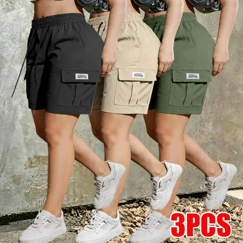 Clean Gent Women’s Cargo Shorts, 3-Pack, Short Length, Drawstring Waist, Multiple Pockets — Ideal for Summer Casual Wear, Work, and Travel