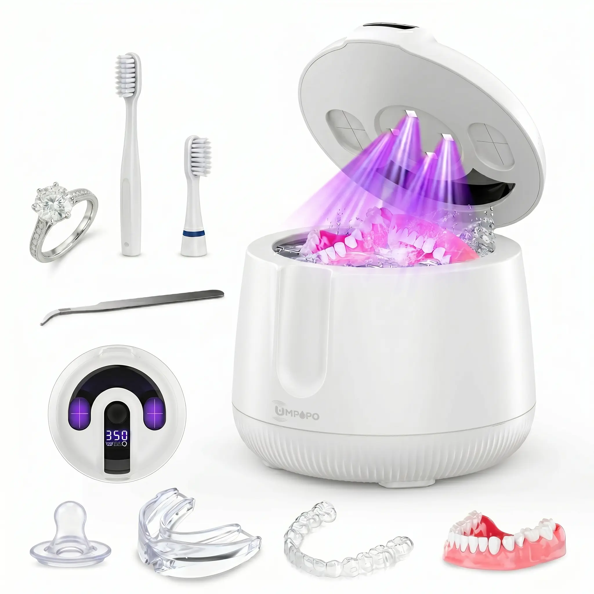 UMPOPO UV-C&48kHz ultrasonic cleaner Professional Deep Cleaning for Dentures, Mouth Guards, Aligners, Night Guards, Braces, Toothbrush Heads & Jewelry(200ML)