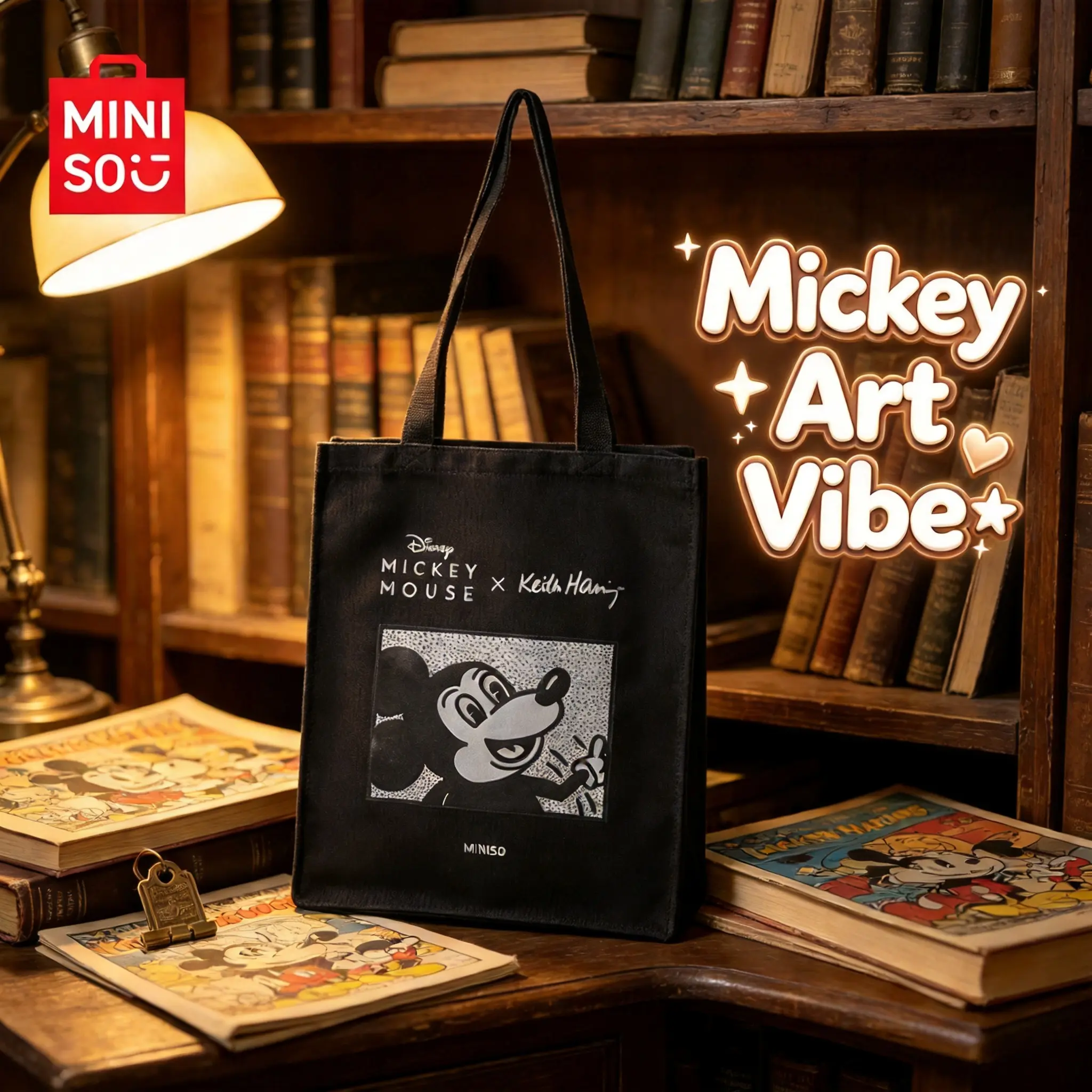 Miniso Disney Mickey x Keith Haring Artist Series Canvas Shoulder Tote Bag, Large Capacity for Commuting and Everyday Use, Art‑Collab Style, Haring X Mickey, Back To School
