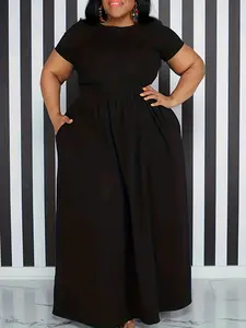 Women's Plain Pocket Zipper A Line Dress, Casual Plus Size Short Sleeve Long Dress for Summer, Women's Clothing for Daily Wear, Womenswear