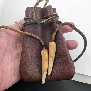 Handmade Leather Pouch with Antler Fasteners Attached to the Drawstring - Gold Pouch for Cosplay or Festival Outfit
