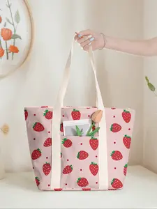 Strawberry Print Large Capacity Tote Bag, Casual Commuter Shoulder Backpack with Zipper Closure, Ideal for Gym Beach Work Travel, Strawberry Themed Bag