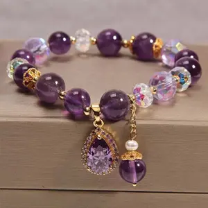 Women's Natural Amethyst Crystal Bracelet with Teardrop Zircon Pendant, Natural Crystal Jewelry, Beaded Healing Sports Wristband for Birthday Gifts