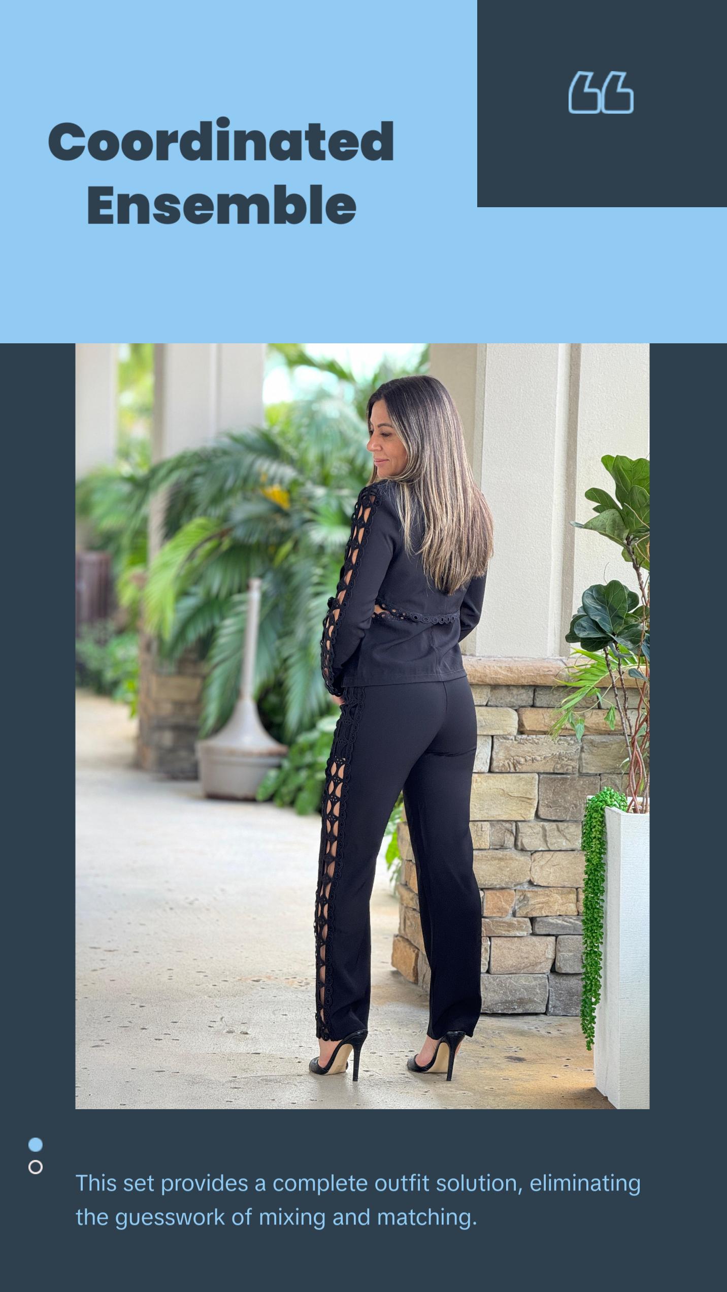 "Melissa" Long Sleeve Blazer And Crochet Details Matching Pants Set