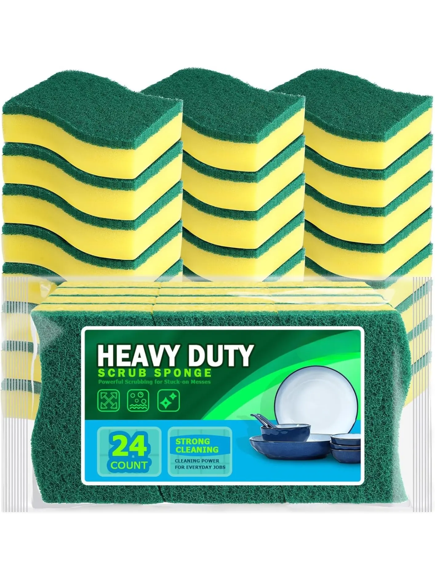 Sponges Kitchen, 24 Pack Heavy Duty Dish Sponge, Cleaning Dish Scrubber Sponge for Home and Kitchen, Stink-Free Cleaning Supplies for Pots, Pans