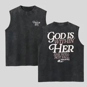 God Is Within Her She Will Not Fall Washed Tank Top, Gym Essential, Vintage Casual Crewneck Sleeveless Menswear Tops Classic Cotton Fabric Streetwear