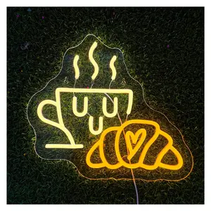 Sign Illuminated Coffee Bread Neon Sign Croissant Wall Hanging Light Restaurant Breakfast Shop Kitchen Home Decoration Party 32cmX37cm