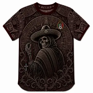 Mexico Aztec Calendar Skull T-Shirt, Day of the Dead Sombrero Skeleton Soccer Jersey, Dia de los Muertos All Over Print Tee, Mexican Football Gift