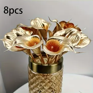 8pcs Luxury Lilies Artificial Flowers, Realistic Fake Bouquet with Golden Vase, Home Decor, Wedding, Party, Christmas Gift