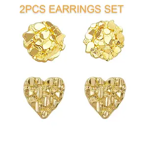 2PCS Set Gold Plated Golden Nugget Heart / Round Surgical Post Stud Fashion Earring Earrings Daily Birthday Engagement Wedding Anniversary Unisex Men Women