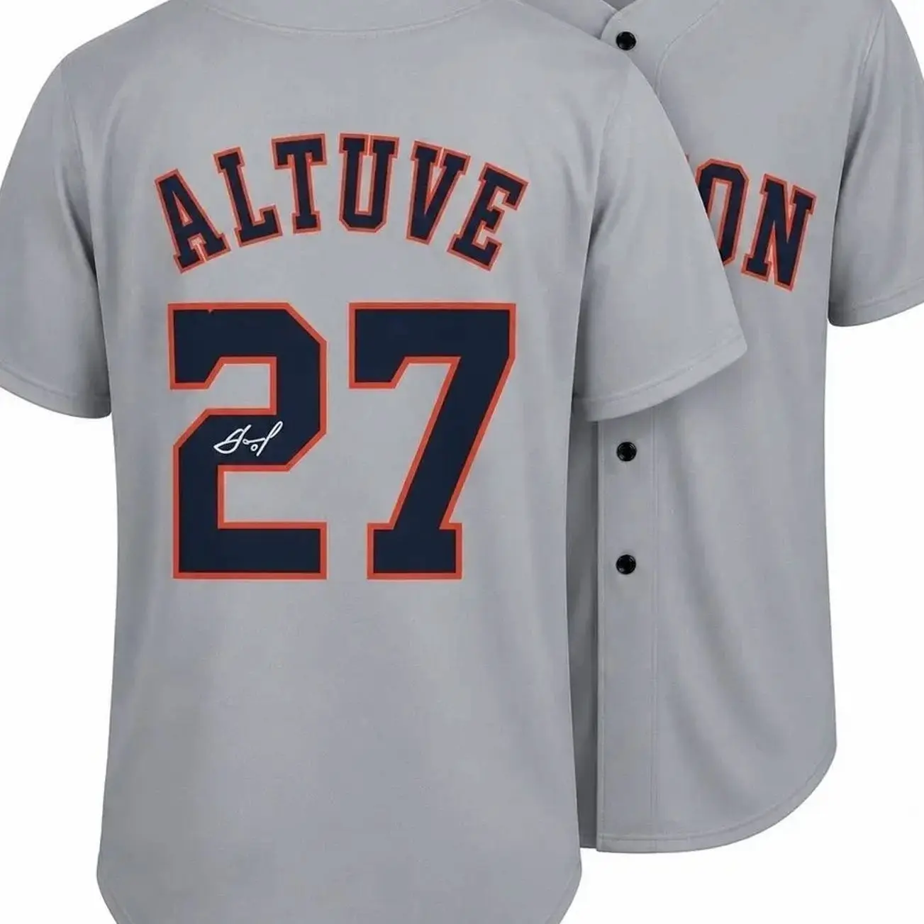 All-over Print Baseball Jersey Without Piping, Gray Navy Orange Baseball Uniform, Altuve #27 Facsimile Autographed Sports Fan Jersey 8