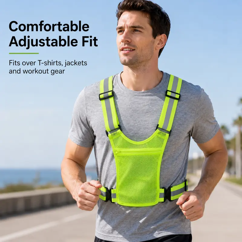 Unisex Reflective Strips Safety Vest - Adjustable Strap, Breathable Polyester, Pocket Storage, Front+Back Visible Equipment for Workers Needing Extra Safety in Dark Low-Light Conditions