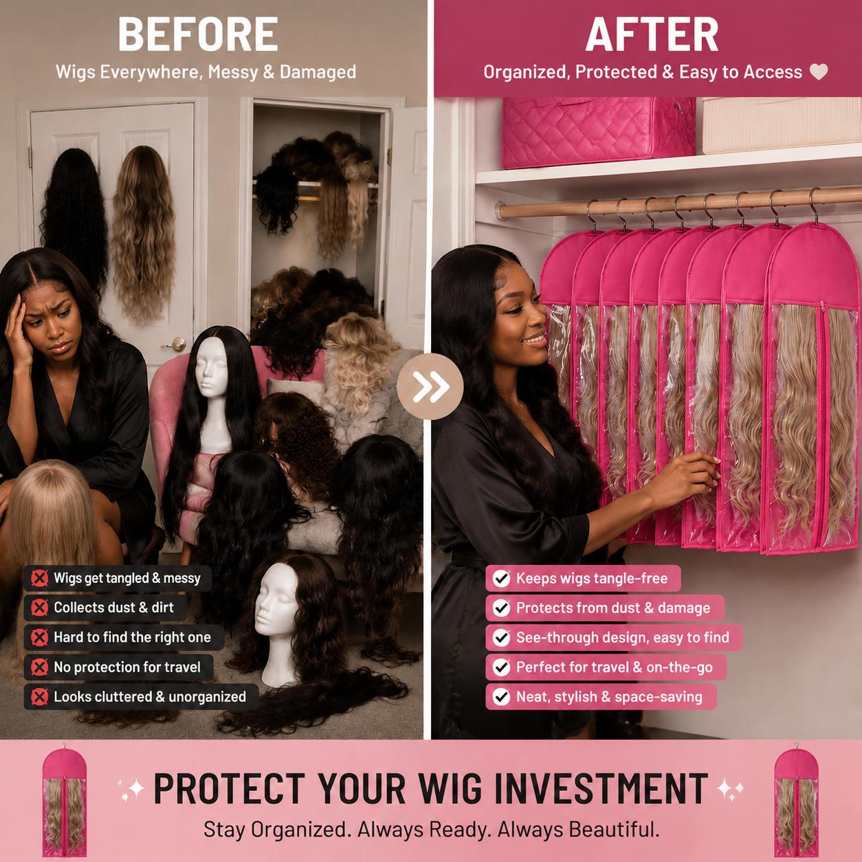 Unisex Hanging Wig Storage Bag - Dustproof Non-Woven Protector with Transparent Front, Hanger, Hanging Hooks, and Wig Tool Accessory, Dustproof Bags