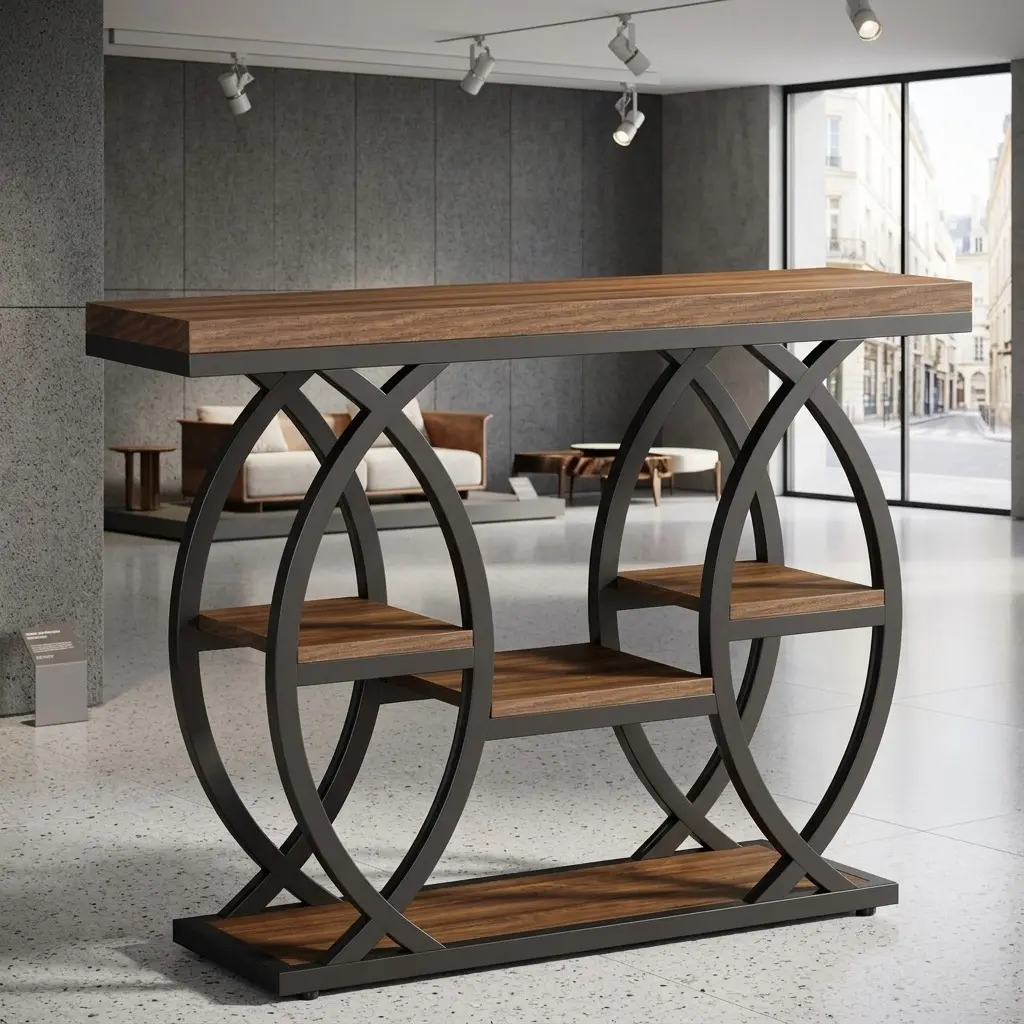 Rustic Brown 39.4" 4-Tier Console Table Industrial Narrow Entryway Accent Table Wooden Metal Frame Sofa Side Table Sturdy Storage Display Table For Hallway Foyer Living Room Indoor Home Furniture