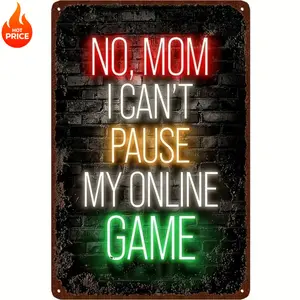No Pause Online Game Aluminum Sign 8x12 Inch Vintage Gamer Neon effect Decor for Boys Room Office
