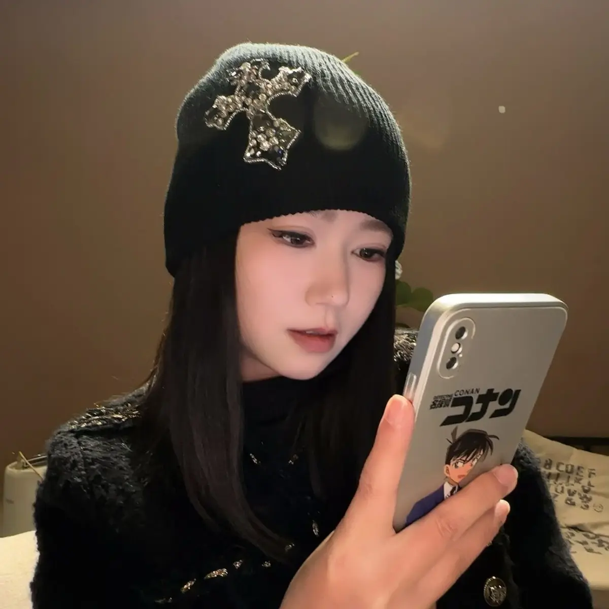 Knitted Beanie with Gemstone Diamond Cross, Hip-Hop Streetwear Statement Cap in Soft Acrylic, Unisex Winter Hat, Concert Ready, Premium Headwear