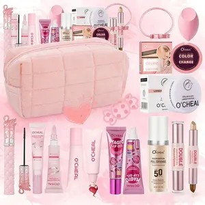 11-Piece Pink Makeup Gift Set with Cosmetic Bag | Foundation Mascara Brow Gel Setting Powder Lip Gloss Color-Changing Lip Oil Temperature-Shifting Blush Dual-Ended Contour Stick Beauty Blender Pink Hair Tie | Complete Holiday Beauty Kit for Her