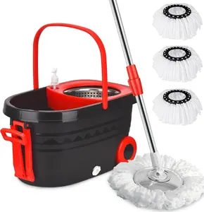 Black Spin Mop Bucket Wring System set 3 Microfiber Refills with Wheels, 61in Adjustable Stainless Steel Pole, Household Cleaning Tools Items Box Pack