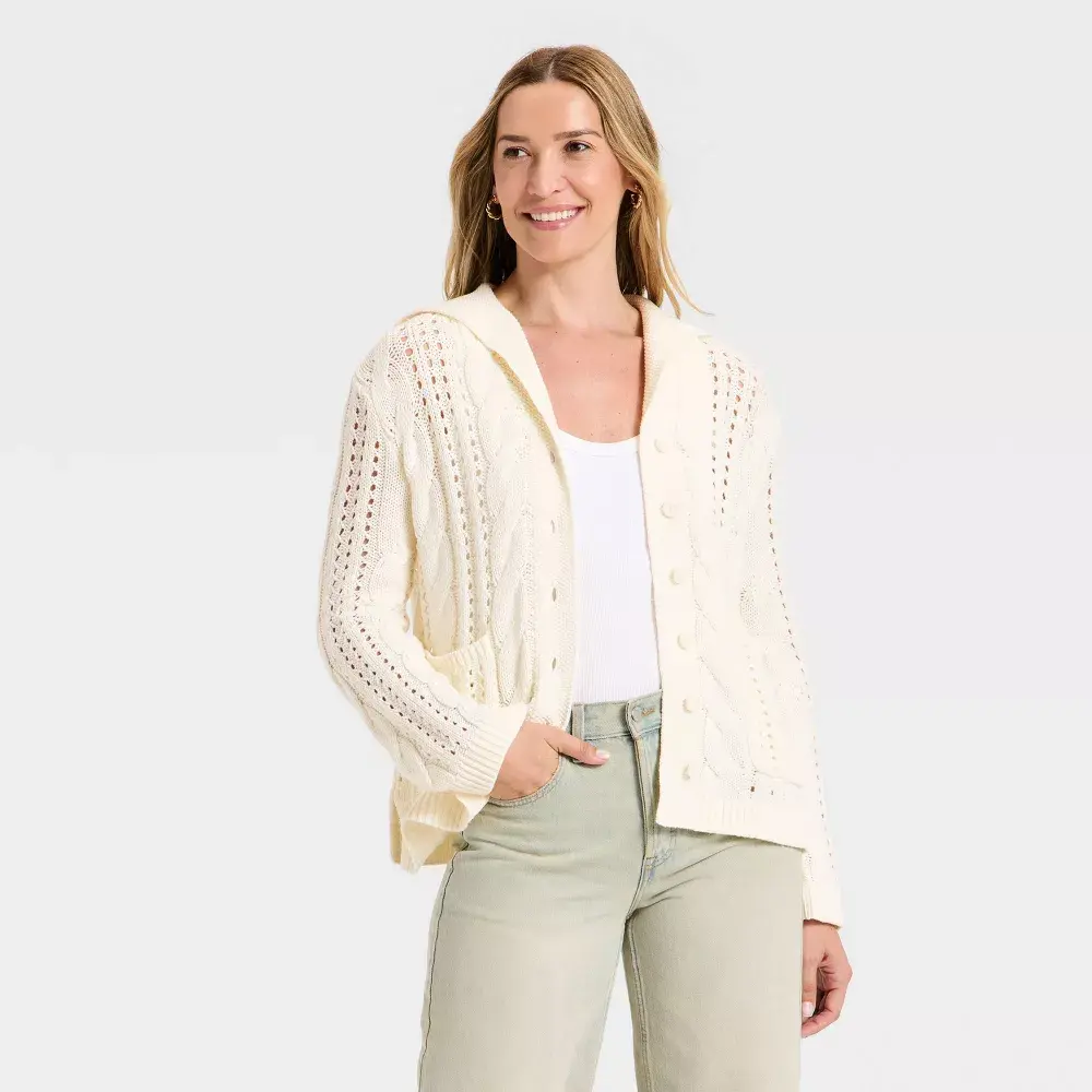 Women's Cable Cardigan - Button Front Knitwear, Ribbed Cuff Hold, Below Waist, Easy Wear, Universal Fit