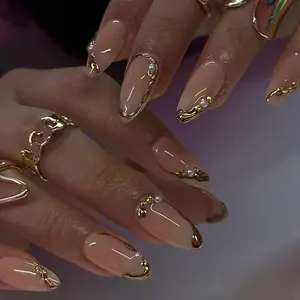 Glossy Pearl-Decor Nail Charms Fake Nails with Nail File & Tape, 24pcs Fashion Colorblock Press-On Nails for Women & Girls DIY Nail Art, Nail Kit Set, Glossy False Nails, Elegant Stick-On False Nail Kit