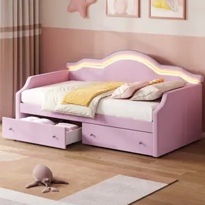 Twin Size Upholstered Daybed with LED and 2 Drawers, Pink