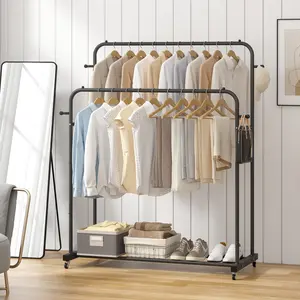 UDEAR Double-Rod Movable Garment Shelf with Wheels and 4 Hooks, Multi-functional Bedroom Clothes Rack