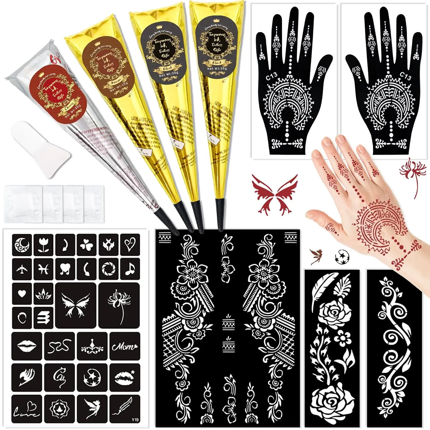 Temporary Stencils Tattoos Kit, 4 Pcs Tattoo Inks 3 Color (2 Black 1 Maroon 1 Cherry Red) with Gloves Brush Tool,DIY Body Art Skin Painting Designs for Women Men Kids Party Gifts