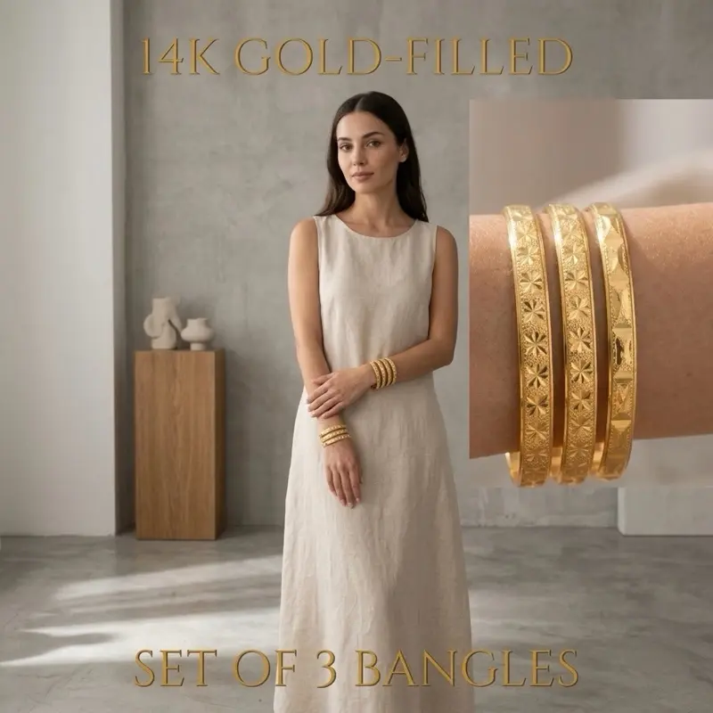 GOLDX55 14 Karat Gold Filled Stackable Bracelets Set - 3 Handcrafted 6.5mm Width Diamond Cut Bangles, Golden Tone, High Quality, Non-Tarnish Jewelry, Elegant Fashion Accessory, Golden Tone Bracelet