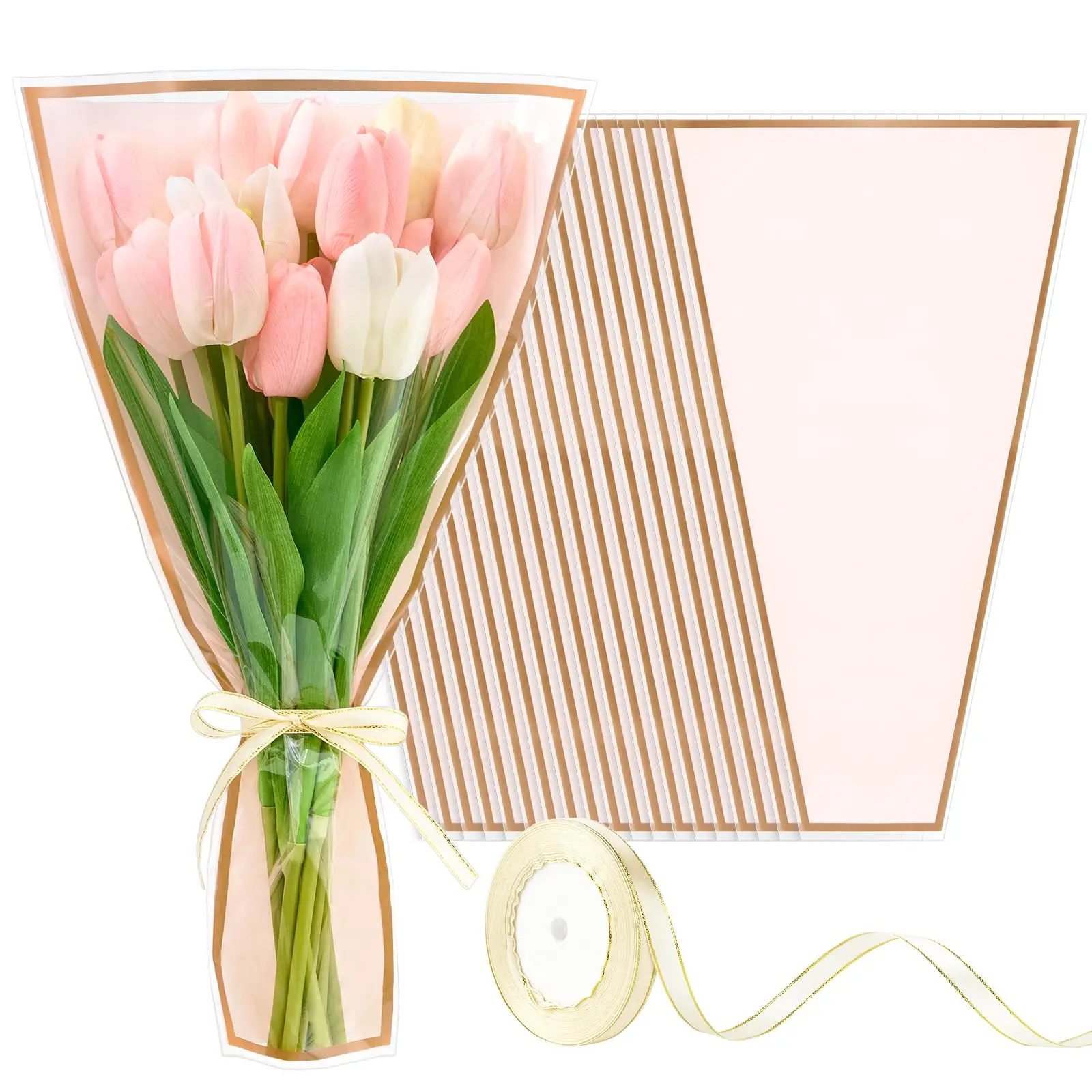 50 Pack Pink Flower Bags For Bouquets  17.7 X 10.9 Inches Plastic Sleeves Clear Front Floral Wraps With Ribbons Florist Packaging Supplies