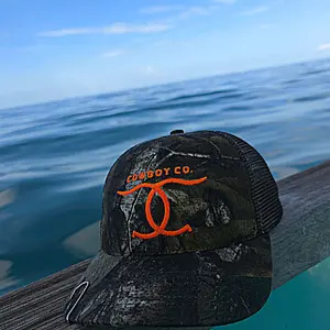 Cowboy Co. Realtree Camo Trucker Hat MADE IN USA Hunters Orange 6-Panel Adjustable Snapback