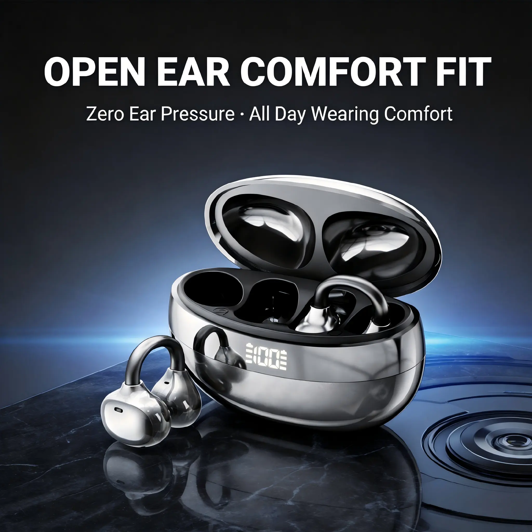 Open-Ear Bluetooth Earbuds, No Ear Pressure Comfort Fit, All-Day Wearing Comfort, Wireless Earphones with Portable Charging Case