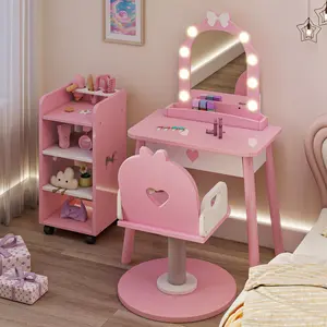 Kids Vanity with Lights, Kids Vanity Set with Barber Chair and Storage Cabinet, Makeup Dressing up Salon Play Set 7 Pcs, Pink