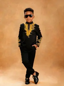 Boys' African Style Gold Embroidery Dress Set, Birthday Party Performance, Traditional Ethnic Clothing, Clothes Kids