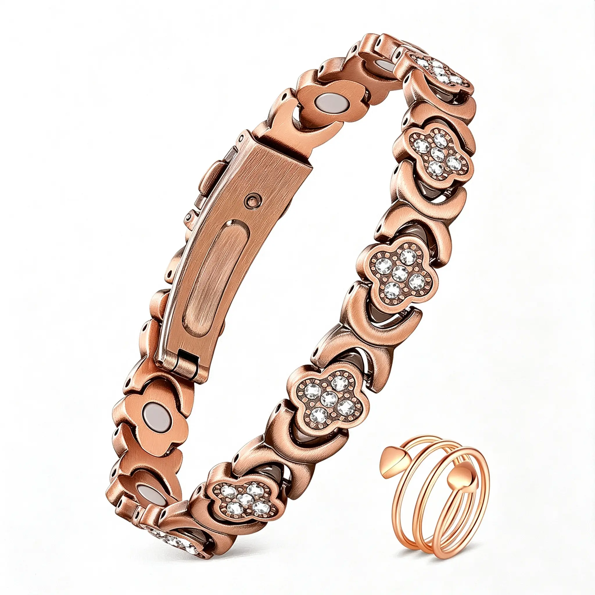 Women's Pure Copper Magnetic Jewelry Set - Adjustable Bracelets & Rings with Ultra-Strength Neodymium Magnets, Sparkling Cubic Zirconia, Infinite Clover Magnetic Charm, Female Fashion Costume Accessories, Clover Jewelry