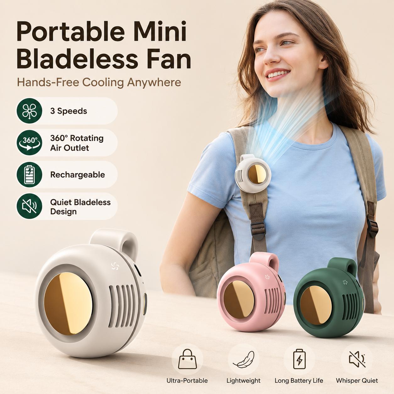 Mini Bladeless Clip-On Fan - White, Green, Pink