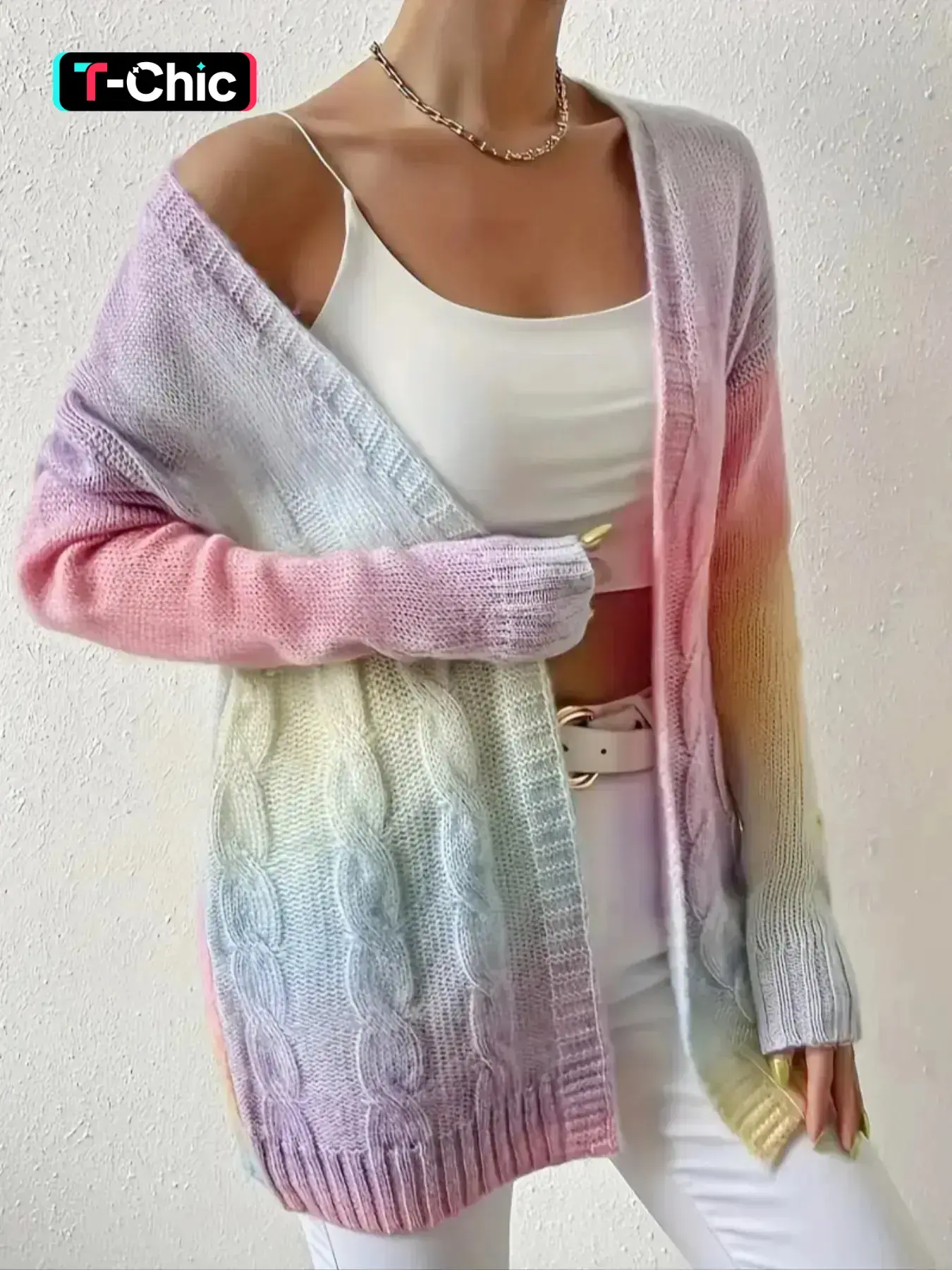 Gradient Color Twist Rope Knit Long Cardigan, Knit Outerwear, Casual Knitted, Casual Style Fitted Long Sleeve Sweater for Spring & Fall, Moderate Fabric Thickness, Knitwear, Womenswear, Women's Fashion