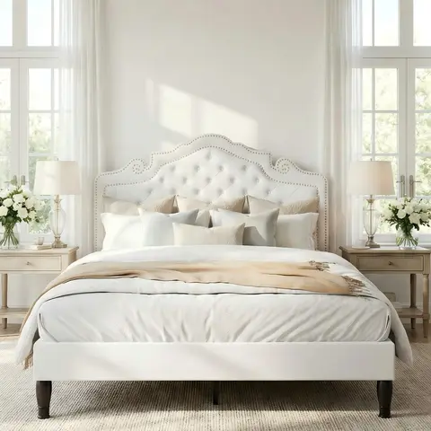 MUTICOR Royal Style Bed Frame with Adjustable Velvet Tiara Headboard【Frame Only No Mattress】 Upholstered Button Tufted Design,Wood Slats Support, No Box Spring Needed，Full/King/Queen Bed Frame