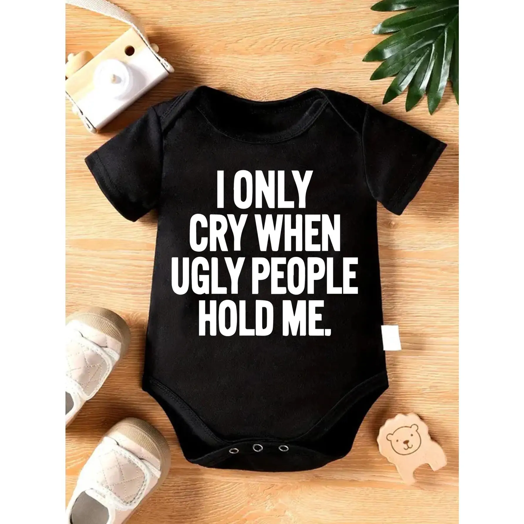 Unisex Boy & Girl Onesies Cute Baby Bodysuit for Infants 0-12 Months, 96% Cotton-4% Elastane Knitted Fabric, Regular Fit, Round Neck, Tag-Free, Snap Buttons, Short Sleeve, "I Only Cry When Ugly People Hold Me" Print, Soft All-Season
