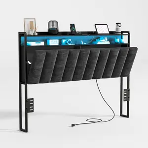 Unlimited Queen King Size Headboard only, Upholstered Headboard for Bed with Hidden Storage and Charging Station, LED Lights, Adjustable, Easy Assembly, Black