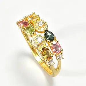 Gold Plated 925 Sterling Silver Multi-Color Tourmaline Statement Ring Adjustable | Faceted Natural Tourmaline with CZ Accents