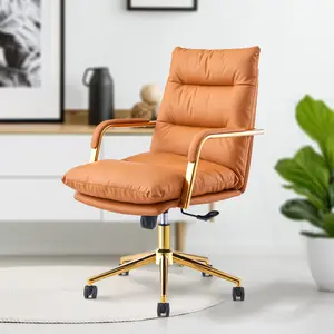 Ergonomic Leather Office Chair - Adjustable Mid-Back Executive Desk Chair with Lumbar Support, Swivel & Rolling Wheels, Height Ad.Buff-goldjustable, 360° Rotation - Perfect for Home Office