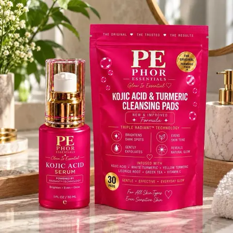 Bundle - Turmeric Kojic Acid Cleansing Pads and Kojic Acid Serum Smooth Exfoliating Phor Essentials Fade Dark Spots Firming Deep Hydration