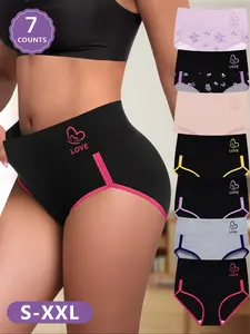 Women's High-Waisted Underwear Set, Comfortable Breathable Heart Print, Multi-Color Contrast Design, Fitted Waistband, Sizes S-Xxl, High Waisted Briefs