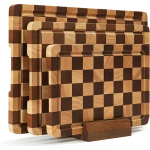 Checkered Cutting Board Set, 3-Piece Wood Checkerboard Cutting Boards for Kitchen with Stand, Chopping Board Set with Juice Groove & Handle for Meat, Vegetables, Cheese & Serving