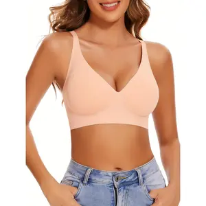 Elegant Wireless Honeylove Bralette Bra, Comfy & Breathable Full Coverage Push Up Intimates Plunge Bra, No Underwire Deep V Smooth Bra, Women's Lingerie & Underwearh