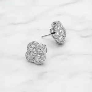 Clear Clover Pavé CZ Stud Earrings with Quatrefoil Design and Delicate Pavé Halo for Daily Wear