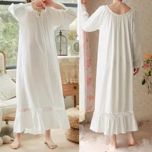 Women Elegant Lace Trim Maxi Nightgown - Long-Sleeve Sleep Dress Romantic Cozy Style for Sleep & Home Relaxation, Soft Breathable Nightwear for Ladies