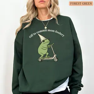 Mama Frog Sweatshirt Off to Commit Mom Foolery Crewneck Sweatshirt, Funny Frog Scooter Gift For Mom Funny Mama Sweater, Pregnancy Announcement Shirts